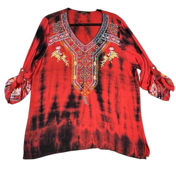 Calessa Tie Dye Floral Embroidered Colorful Boho Hippie Indie Tunic Top - Sz L - Picture 1 of 16